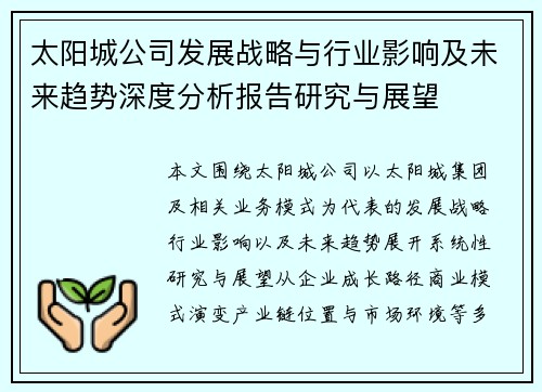 太阳城公司发展战略与行业影响及未来趋势深度分析报告研究与展望 太阳城公司发展战略与行业影响及未来趋势深度分析报告研究与展望