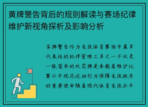黄牌警告背后的规则解读与赛场纪律维护新视角探析及影响分析